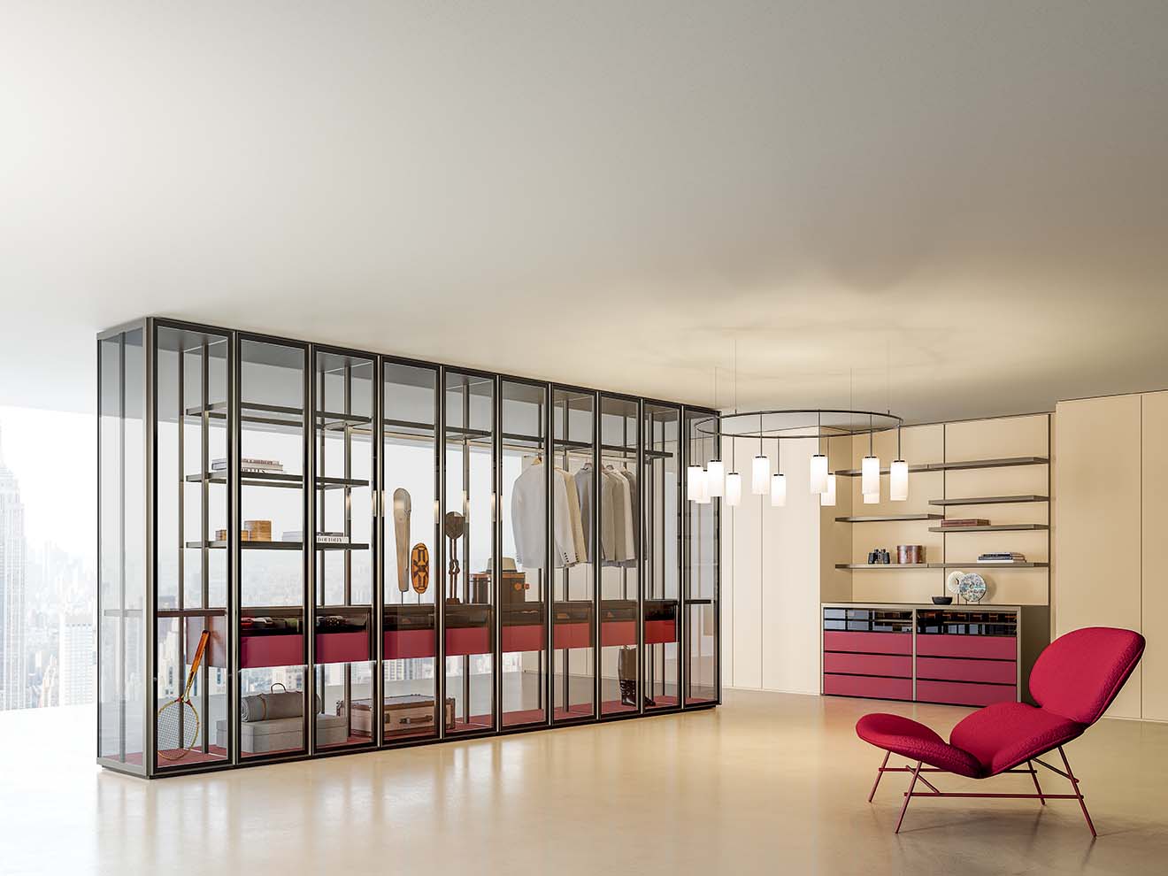 ガラスで囲われた「vento」は窓辺に印象的に配し、右手の壁には「cima」を配置。ワインレッドのレザーをアクセントにしたコーディネートで統一感を出している。 参考価格 3,672,000円（vento5連）。