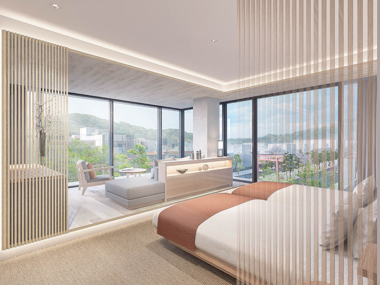 見晴らしのいいプレミアムコーナーツインルーム。鶴岡八幡宮 二の鳥居はもちろん、鎌倉の風景が一望できる