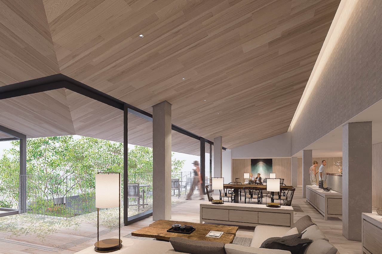 縁側のようなテラスがあるナチュラルな雰囲気のロビーでは、中庭の緑を眺めながらゆったりくつろげる。