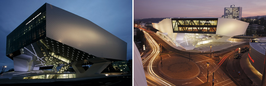 Ｖ字型の3本の支柱で支えられたミュージアムは、外から見ると宙に浮いているかのよう。館内には、展示フロアのほか、レストランやイベントフロア、ルーフテラスなどが収められている。