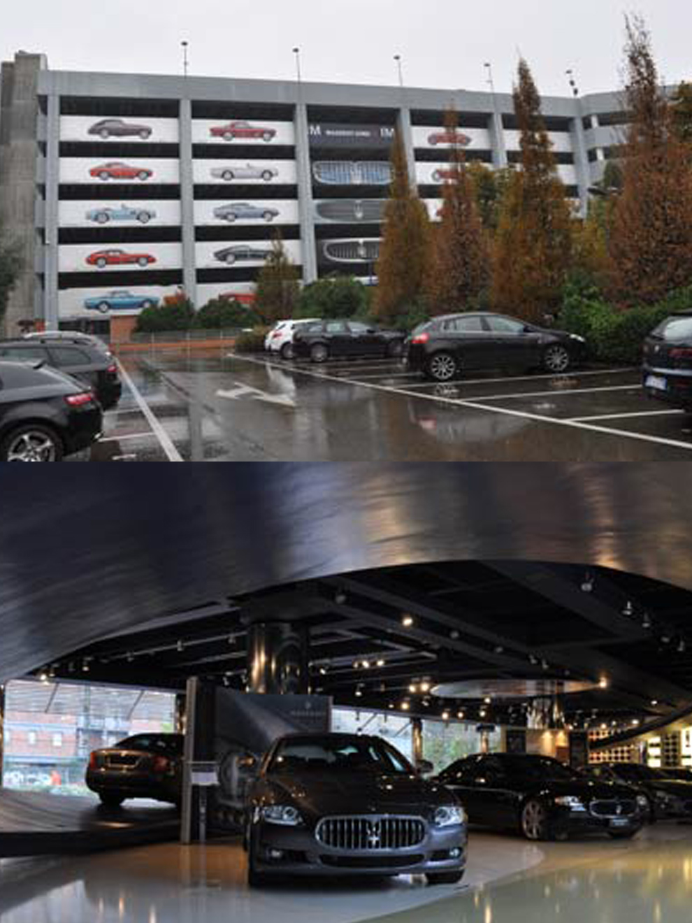 （上）歴代のマセラティが描かれた従業員用パーキングビル。すでに満杯で、“あぶれた”ワーカー達は近隣の住宅街へ。（下）ショールームは一般にも開放され、最新ラインナップがディスプレイ。