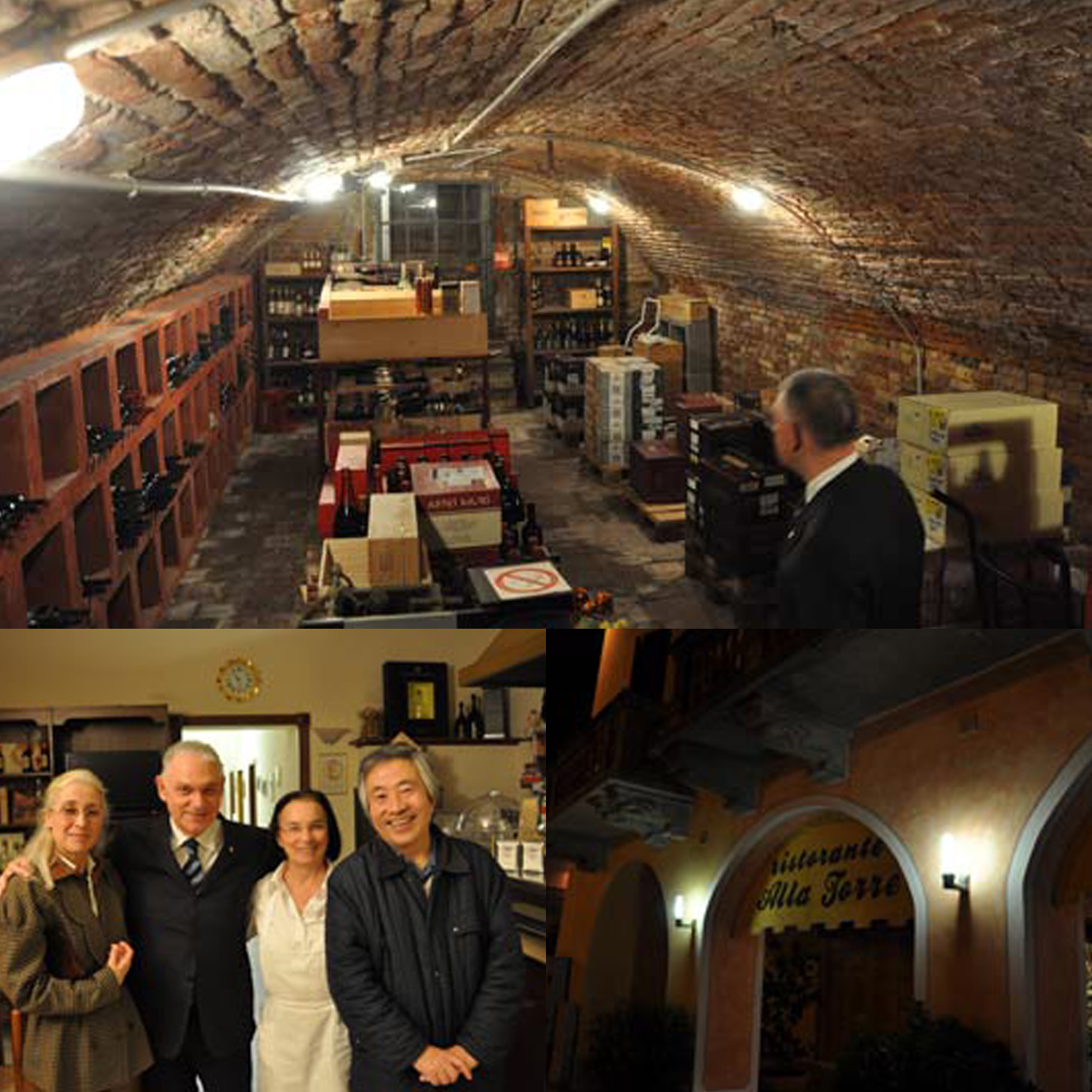 （上）充実したストックは、長年にわたるワイナリーとのコネクションの為せる技。（下左）マセラティスタのご夫妻とディーノそして厨房を担当する奥様。（下右）マントヴァからのアクセスが便利な「リストランテ　アッラ　トッレ」外観。