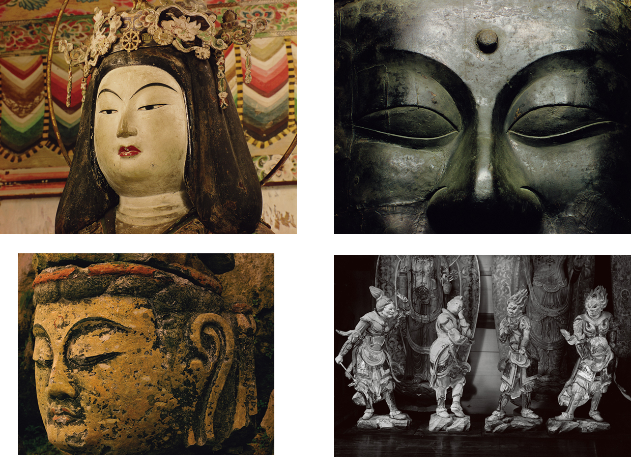 (左上)浄瑠璃寺本堂吉祥天⽴像⾯相 昭和40(1965)年/(右上)⾶⿃寺⾦堂釈迦如来坐像⾯相詳細 昭和39(1964)年/(左下)⾅杵⽯仏群古園⼤⽇如来坐像左半⾯相 昭和37(1962)年/(右下)室⽣寺⾦堂⼗⼆神将⽴像(左から⺒神、未神、申神、⾠神) 昭和18(1943)年頃 写真提供/土門拳記念館